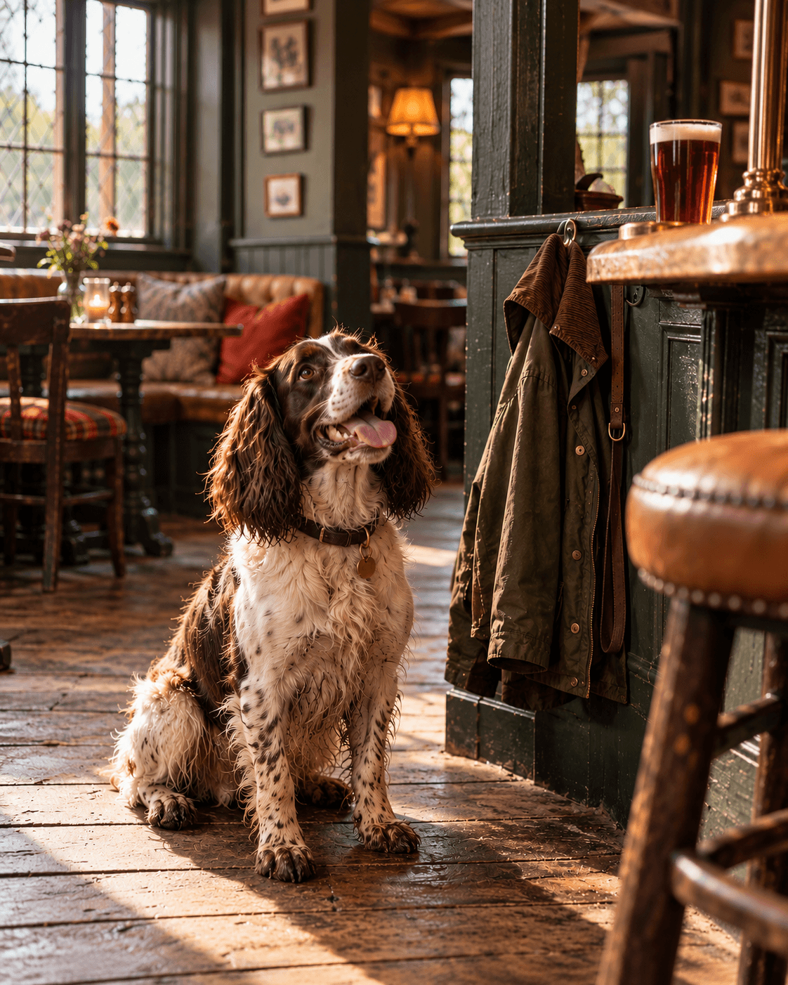 A dog waiting at the bar of a country pub